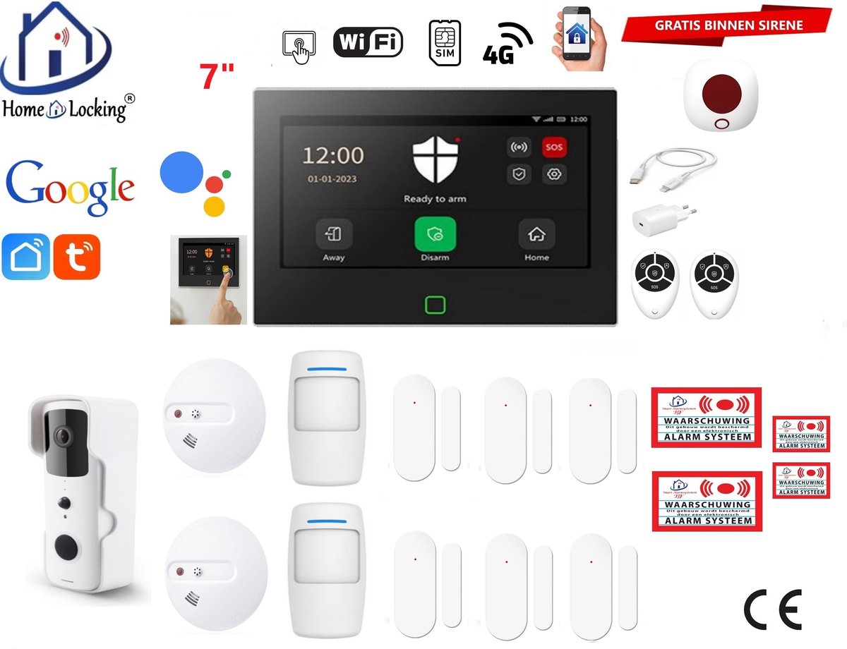 Draadloos / bedraad alarmsysteem met 7-inch touchscreen voor woning/camper/boot/caravan werkt met wifi en sim kaart en met spraak gestuurde apps. (Nederlands of Frans stem en tekst). ST01B-74