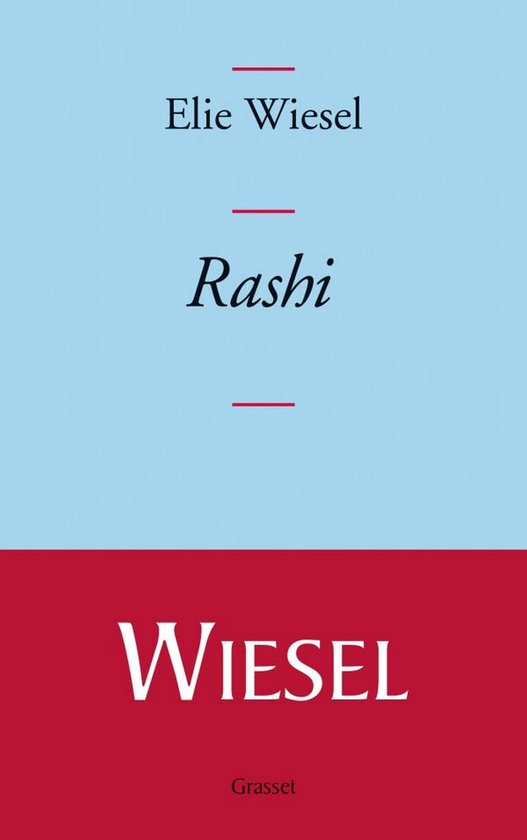 Boek Rashi van Elie Wiesel, blauwe en rode kaft met tekst