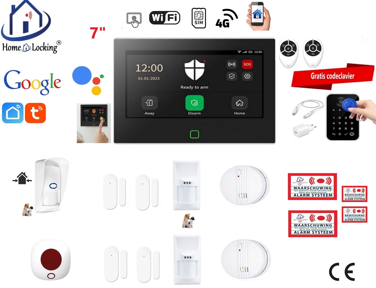 Draadloos / bedraad alarmsysteem met 7-inch touchscreen voor woning/camper/boot/caravan werkt met wifi en sim kaart en met spraakgestuurde apps. (Nederlands of Frans stem en tekst). ST01B-77