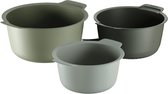 Set van drie BergHOFF Home mengkommen in groen- en grijstinten. Twee kommen zijn groter en één is kleiner.