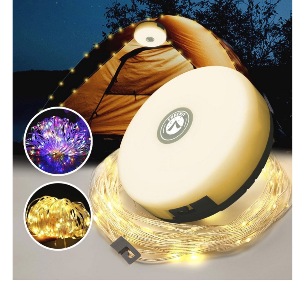 WNHB® Lichtsnoer 10 m voor Buiten - Inklapbare Campinglamp met 5 Verlichtingsmodi - Duurzaam en Waterdicht - USB Oplaadbare Decoratie voor Terassen en Kerstmis