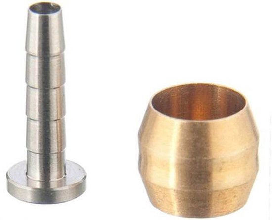 Twee onderdelen voor een Shimano hydraulische schijfrem: een messing ferrule en een stalen insteeknippel.