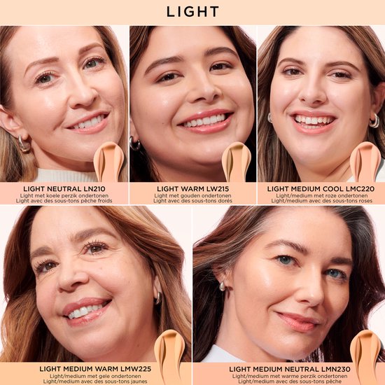 Collage van vijf vrouwen met verschillende huidtinten. De titel 'LIGHT' staat bovenaan.