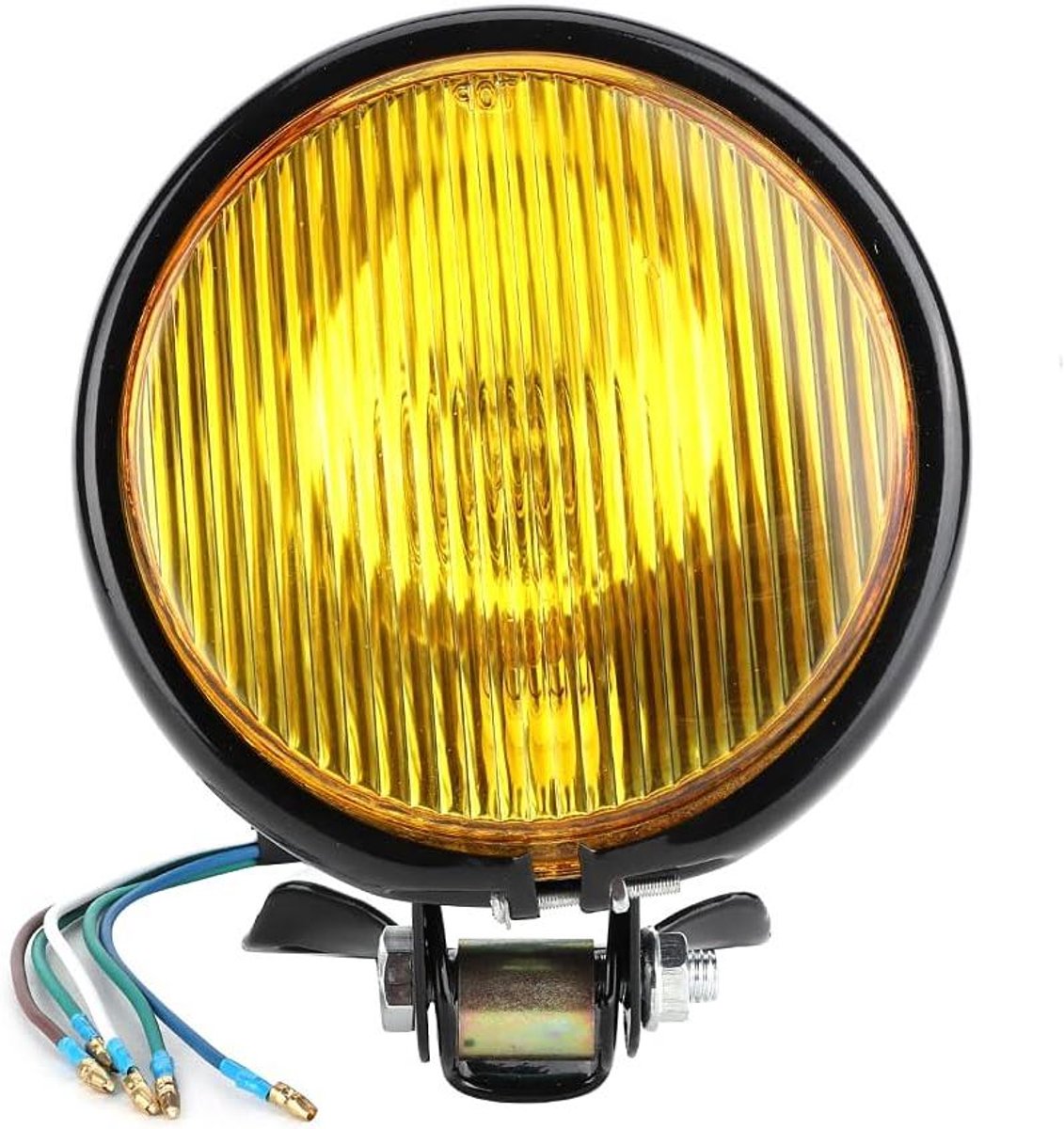 Allecto Plus - Vintage Retro Stijl Motorfiets Koplamp Universele Motor Accessoire (Zwart Behuizing Geel Glas) - Nostalgisch Design en Klassieke Look