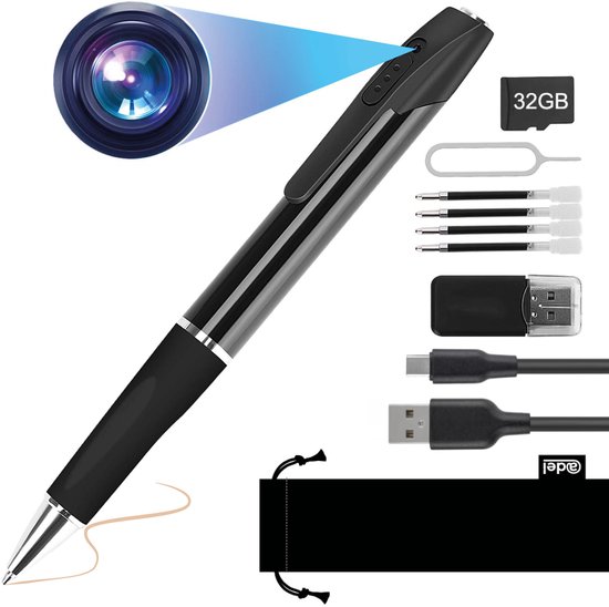 Stylo d'écoute avec caméra et enregistreur vocal avec recharges d'encre - Équipement d'écoute - Caméra cachée à distance - Dictaphone - Enregistreur Spy avec qualité d'image Full HD 1080P et carte SD de 32 Go