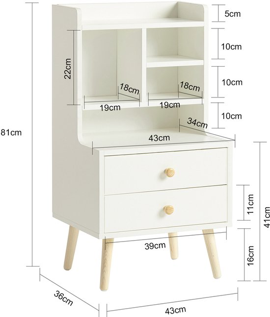 SoBuy Bijzetbank, Bijzettafel met 2 Laden, Open Compartiment, Opbergmeubel op Wielen, Trolley voor Woonkamer, Kantoor, Slaapkamer, Wit, L60xD30xH60cm, FBT130-WN