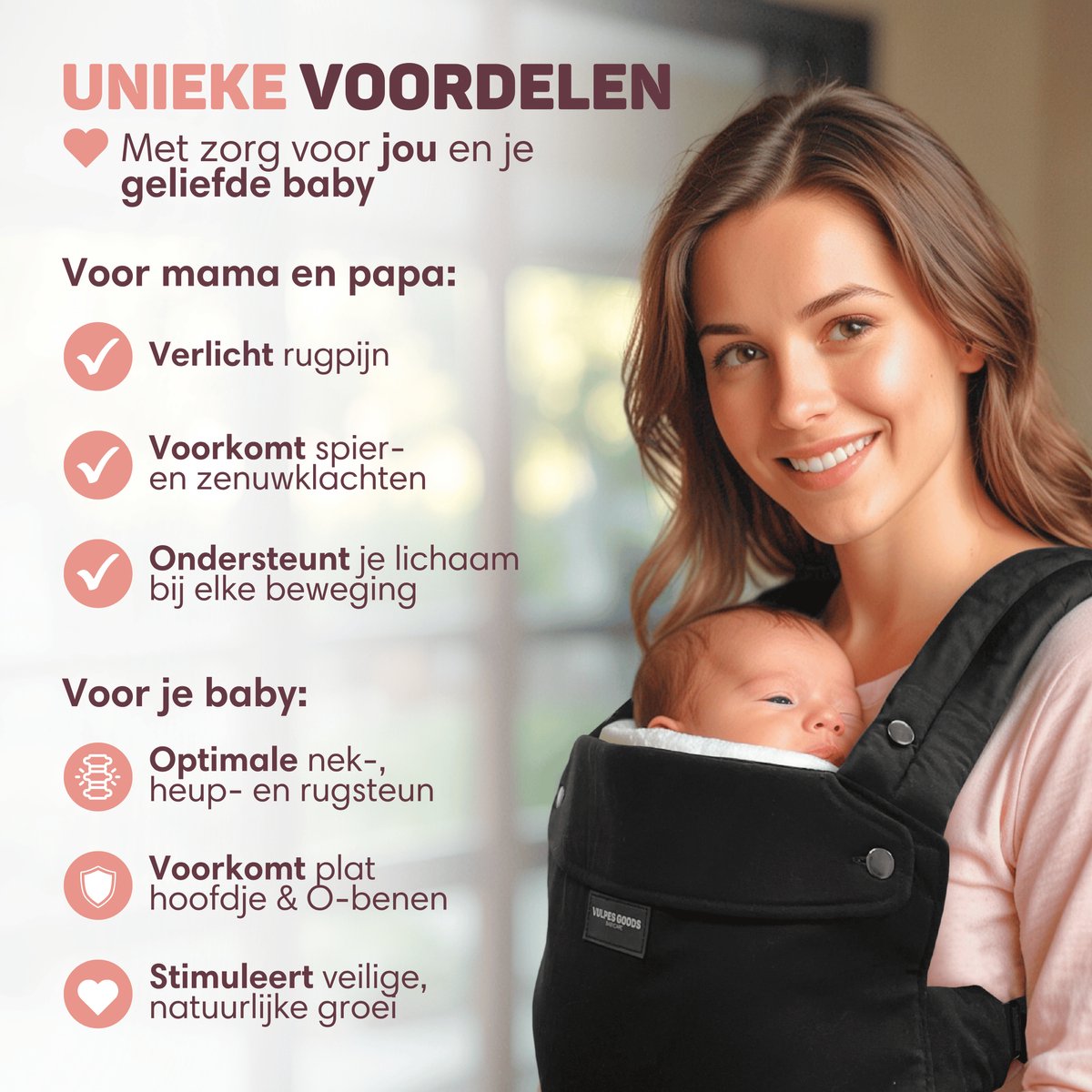 Vulpes Goods® BabyCare - Draagzak – Ergonomische Baby Draagzak 0-36 mnd – Luxe Buikdrager tot 20 kg – OEKO-TEX® Katoen – Handsfree Comfort - Met Rugsteun & M-Positie - Zwart – foto 7