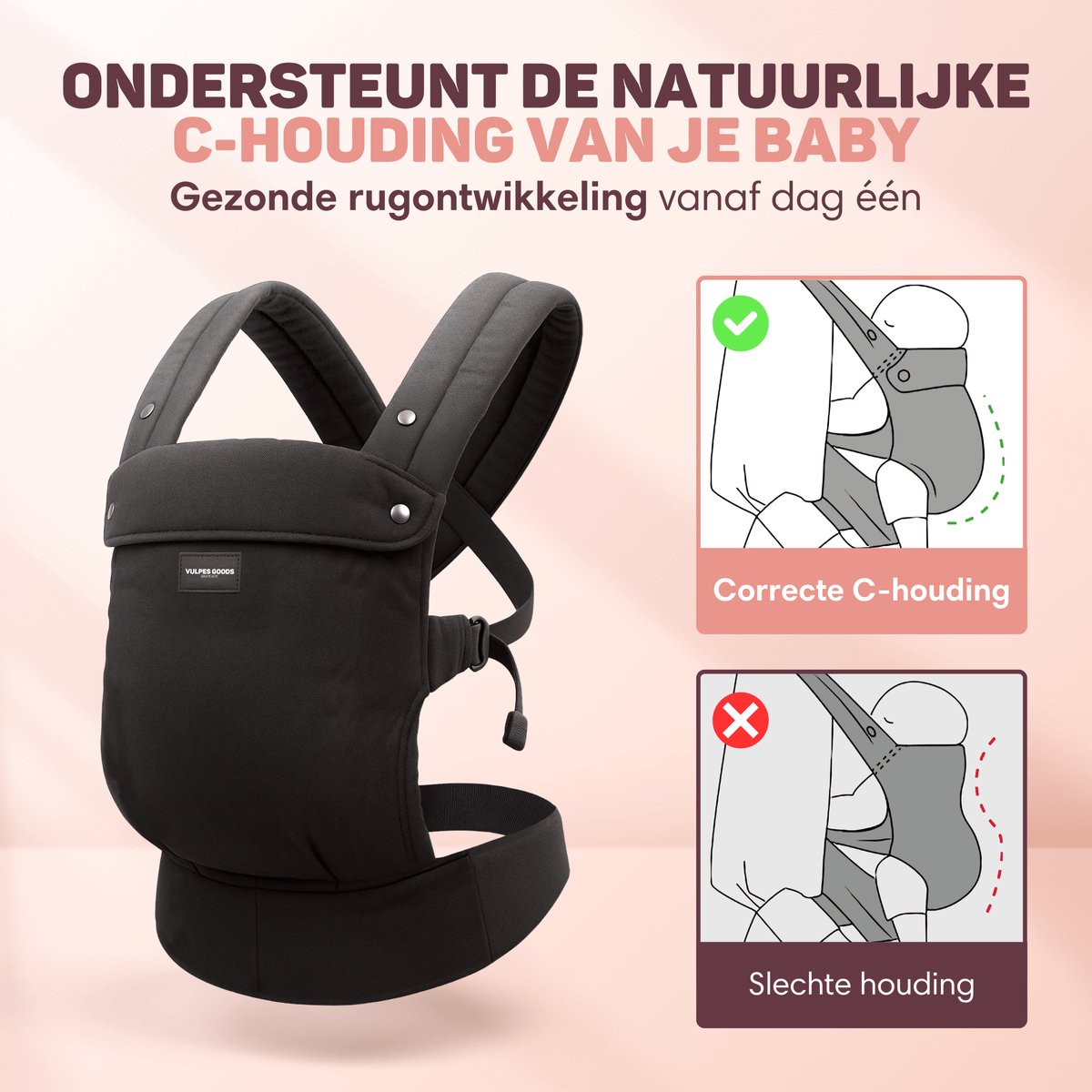 Vulpes Goods® BabyCare - Draagzak – Ergonomische Baby Draagzak 0-36 mnd – Luxe Buikdrager tot 20 kg – OEKO-TEX® Katoen – Handsfree Comfort - Met Rugsteun & M-Positie - Zwart – foto 6