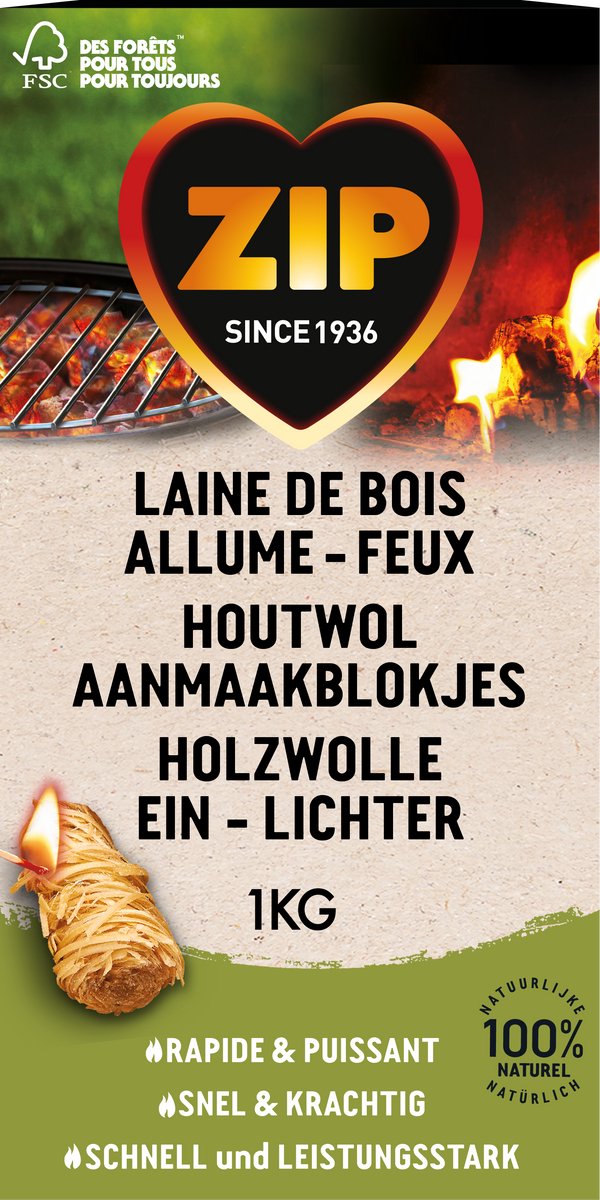 ZIP aanmaakwokkels 1 kilo - Aanmaakblokjes Openhaard & BBQ - Natuurlijk en Geurloos - Houtwol - 1 zak (+/- 85 stuks)