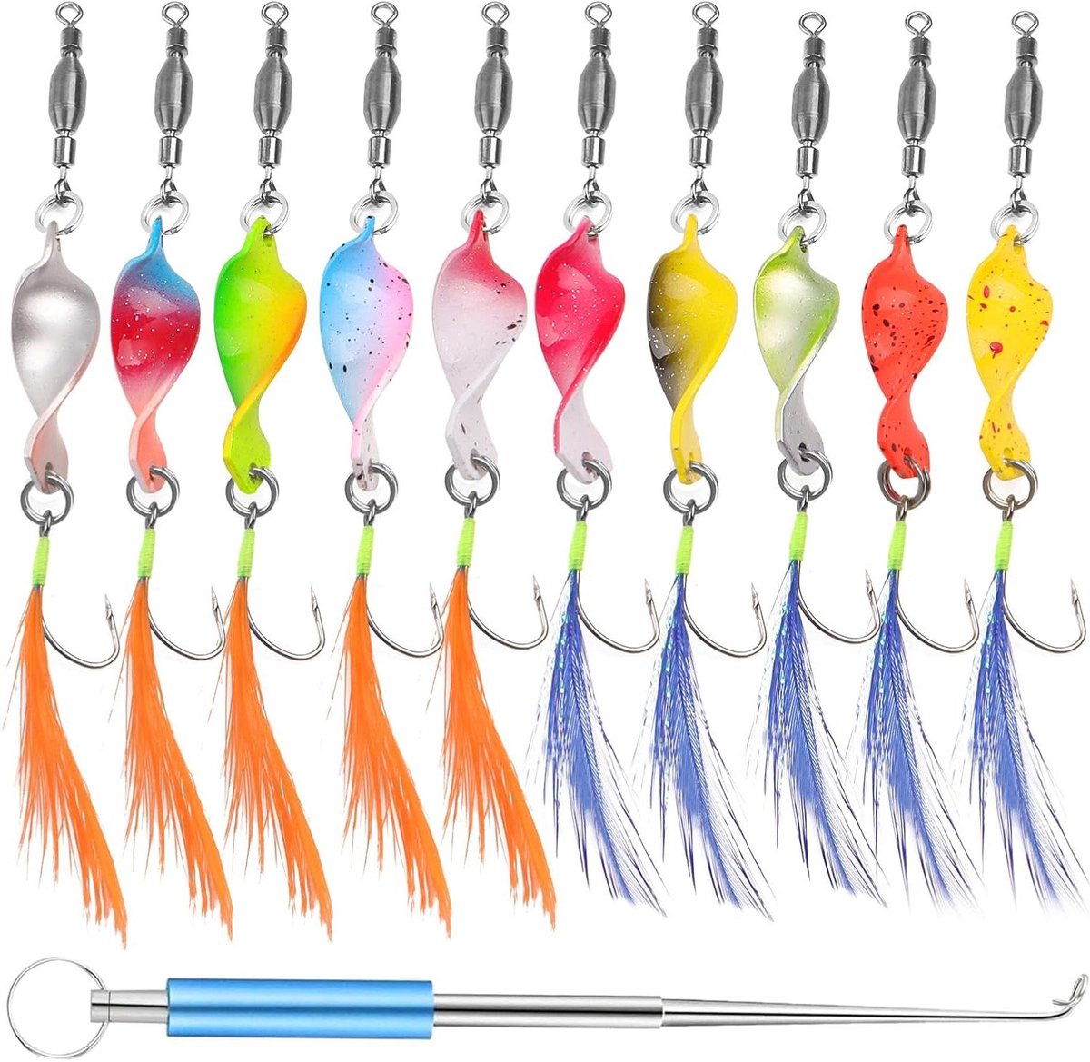 Allecto Plus - 10-delige set forel lepels met UV-actieve 3g forelaas, veren en lovertjes, enkele haak, knipperend licht, in doos met vishaakverwijderaar.