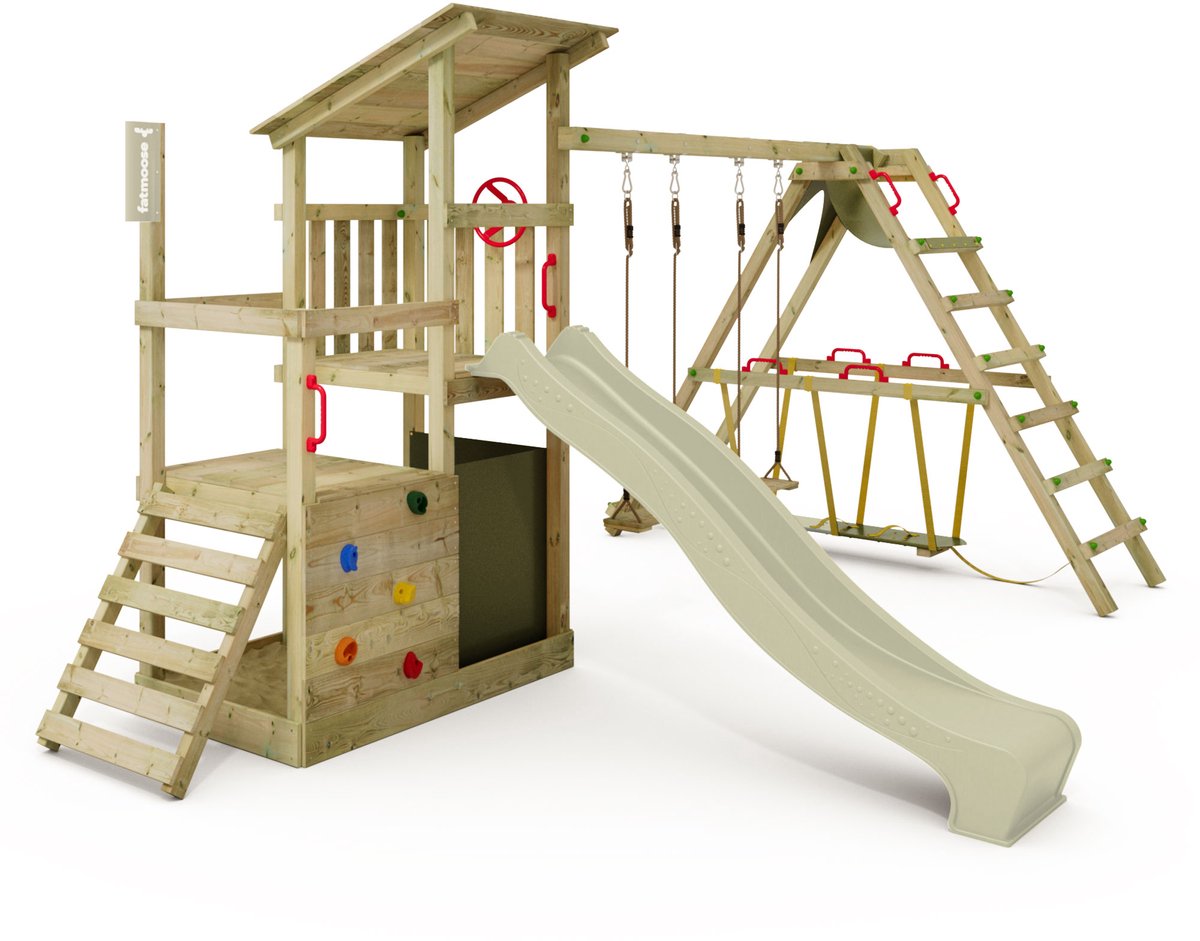 Fatmoose FruityForest Fun XXL Klimtoren - Dubbele schommel met Glijbaan en Surfaanbouw - 505x274 cm - Saliegroen