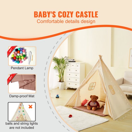 Kinderspeeltent, tipi voor 1-5 jaar, mat & pluche ballen, raam, binnen & buiten, jongens & meisjes, beige — afbeelding 2