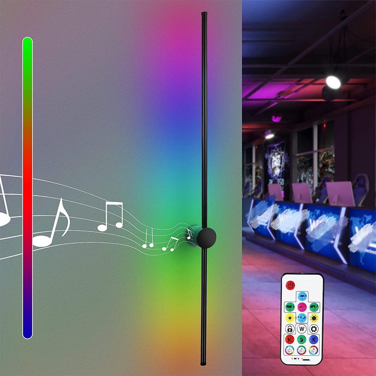 NETTLIFE Wandlamp Binnen LED - RGB - zwart - 100CM - muziek Design - draaibare hal lamp - modern slaapkamer lamp - met Afstandsbediening - voor Trappenhuis | woonkamer | Studeerkamer | Keuken