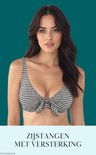 Mannequin portant un bikini noir et blanc à chevrons avec un nœud sur le devant.