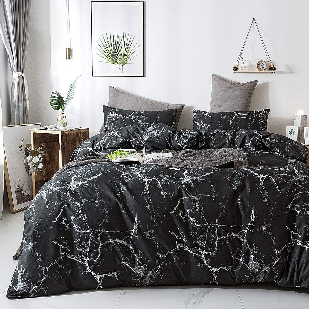 Unyqoos Moderne Zwart Marmerlook Microvezel Beddengoedset voor Eenpersoonsbed met Ritssluiting
