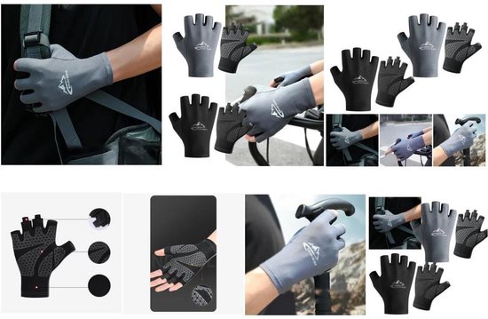 Grijze vingerloze handschoenen met antislip grip en een berglogo, ook verkrijgbaar in zwart.