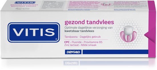 Doosje Vitis gezond tandvlees tandpasta. Witte doos met blauwe en roze tekst en afbeelding van een tand.