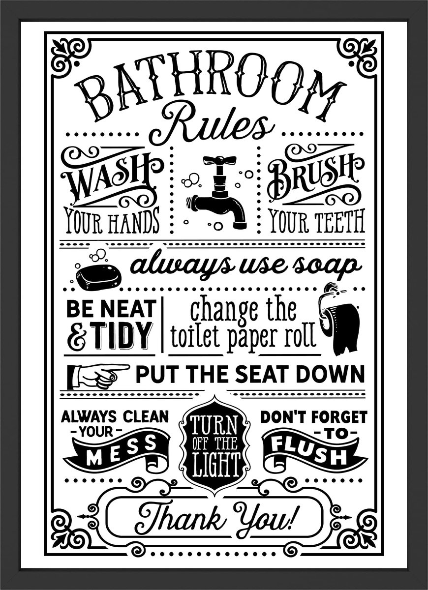 Ibenzoa Grappige Badkamerregels Poster in Vintage-Stijl voor Decoratie en Hygiëne, Zwart-Wit, Zonder Lijst, DIN A4