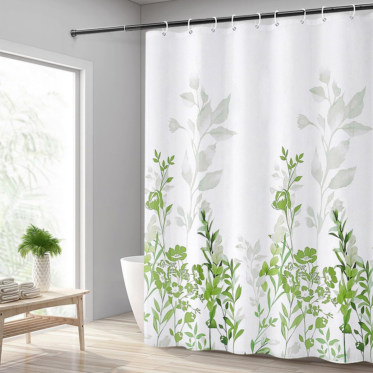 Ibenzoa® Extra Lang Douchegordijn 240 x 200 cm met Groene Bloemen en Waterdichte Eigenschappen