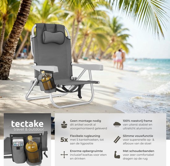 tectake® Strandstoelen Coral - Set van 2 Opvouwbare Campingstoelen met Koeltas en Opbergtas - 5-voudig Verstelbare Rugleuning met Hoofdkussen - Brede Armleuningen met Bekerhouder / Telefoonhouder - Inklapbare Kampeerstoel - Grijs van Merkloos — afbeelding 3