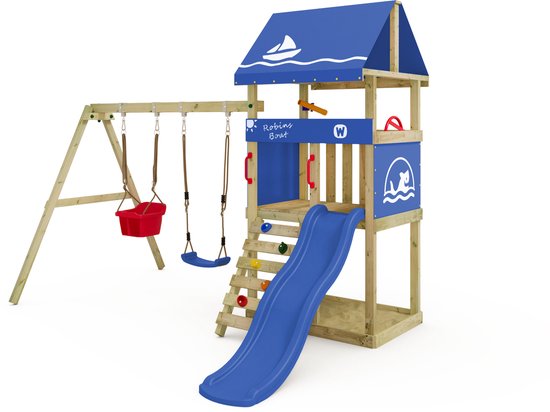 Wickey DinkyHouse Speeltoestel met Schommel - Houten Klimrek Buiten met Glijbaan en Zandbak - Compact Speeltoestel voor de Tuin - Inclusief Krijtbord en Klimstenen – 303x317x247 cm - Blauw