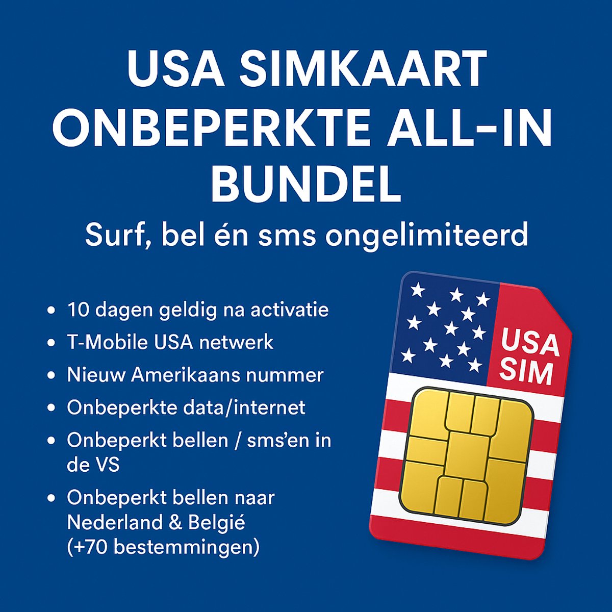 T-Mobile Simkaart Amerika USA - 10 dagen - Onbeperkt internet en Bellen - 4G/5G netwerk