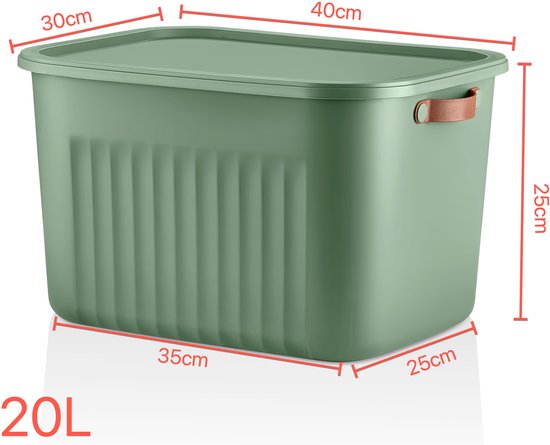 Groene opbergbox van 20L met deksel en bruine handgrepen. Afmetingen 35x25x28 cm.