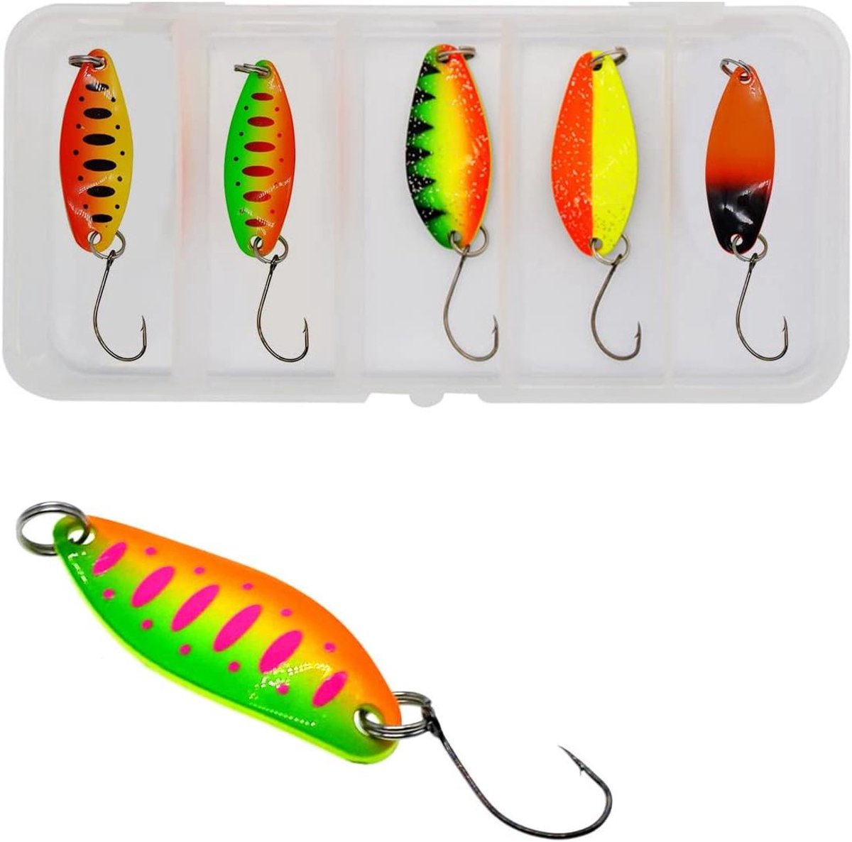 Allecto Plus - Mini forelspoon set 2-5g - Ultralicht forelaas in visdoos - Forel lokazen in 2 kleuren - Vistackle voor forelvissen