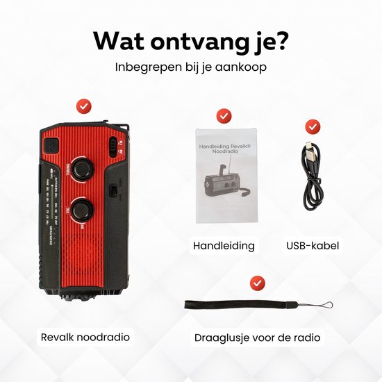 Inhoud van de aankoop: rode noodradio, handleiding en USB-kabel, polsbandje.