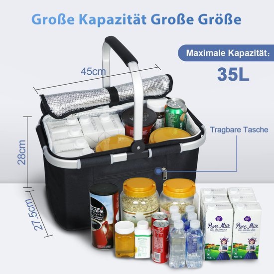 Koeltas, boodschappenmand, picknickmand, grote geïsoleerde koelmand, lunchtas, thermotas voor kantoor, camping, picknick, reizen, zijkant, met steunstang (patentbescherming) van KOEL — afbeelding 5