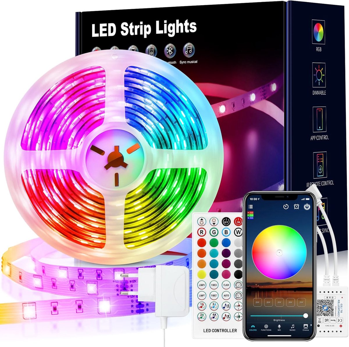 Lzwintrading Led Strip met Afstandsbediening - Led-Strips in Wonen -Fairy Lights 10 Meter - Bluetooth Smart App Controle Flexibele Verlichting - RGB Kleurverandering Muziek Timing Led Strip Licht - Ldeaal voor Woondecoratie, Sfeerverlichting