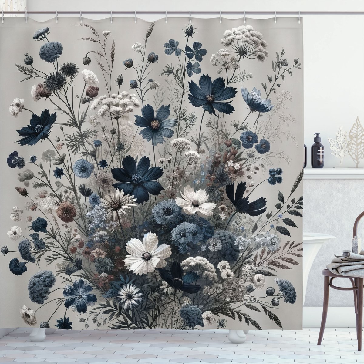 New Bed, Marineblauw Wilde Bloemen Monochroom Douchegordijn Badkamer Decor Set met Haakjes, 175 cm B 213 cm L