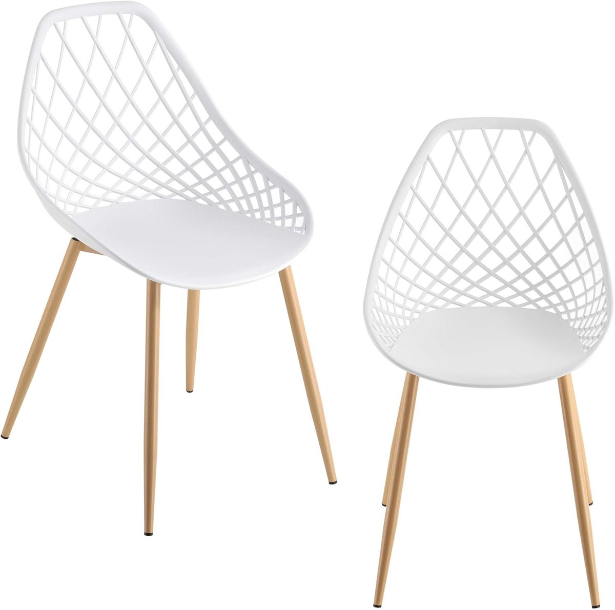 set van 2 eetkamerstoelen van kunststof, woonkamerstoel, kuipstoel, leunstoel met metalen poten in beukenlook, wit