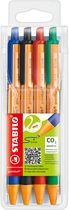 Verpakking met vier Stabilo pointball pennen: blauw, zwart, rood en groen.