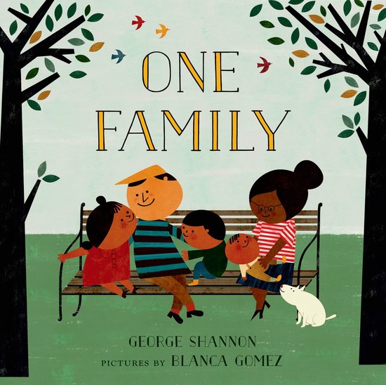 Boek kaft met de titel 'ONE FAMILY' in gele letters. Een illustratie van een divers gezin op een bankje in een park, met twee bomen aan de zijkanten.