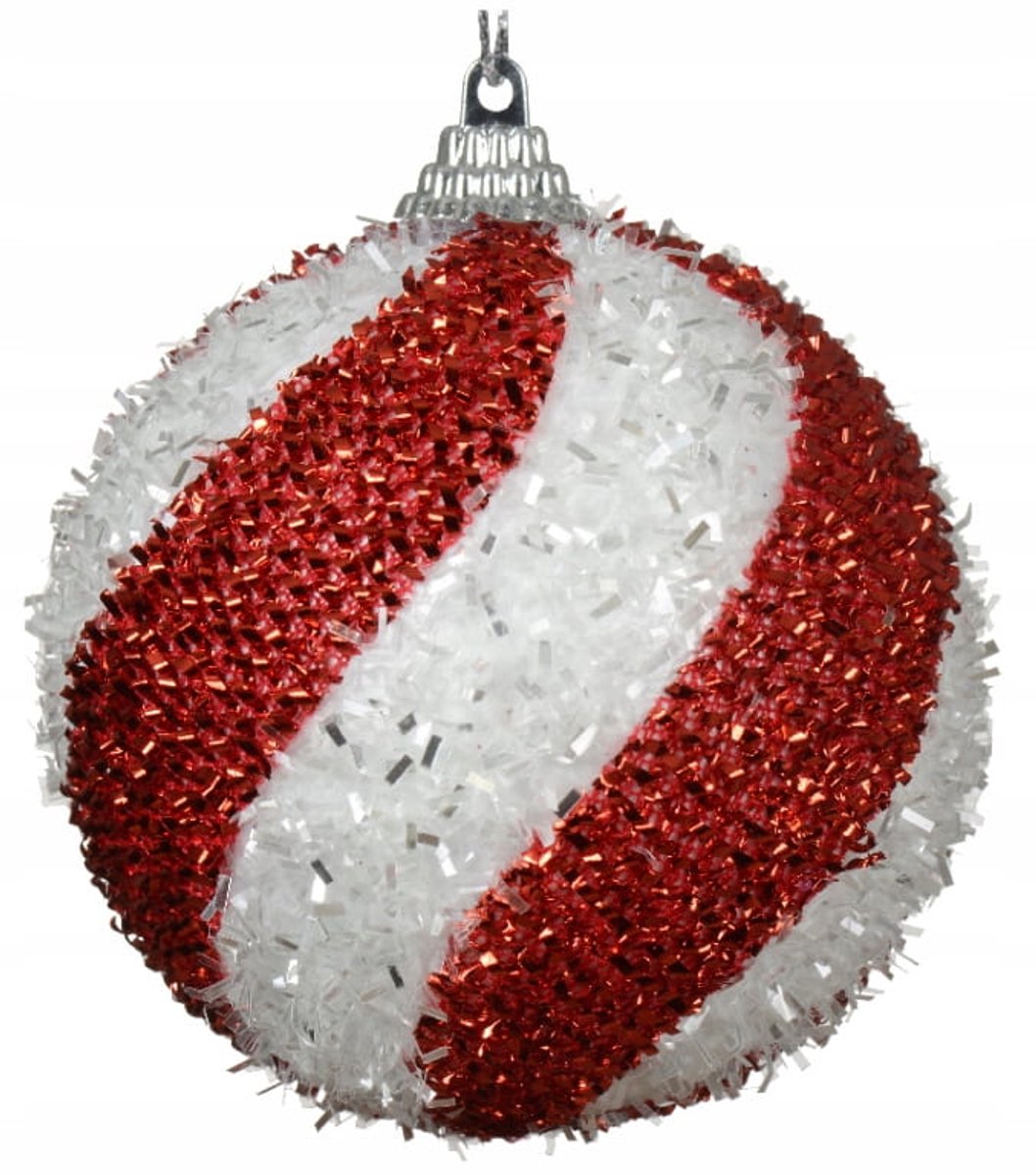Rood-witte kerstbal van schuim, 8 cm groot, merk Kaemingk.