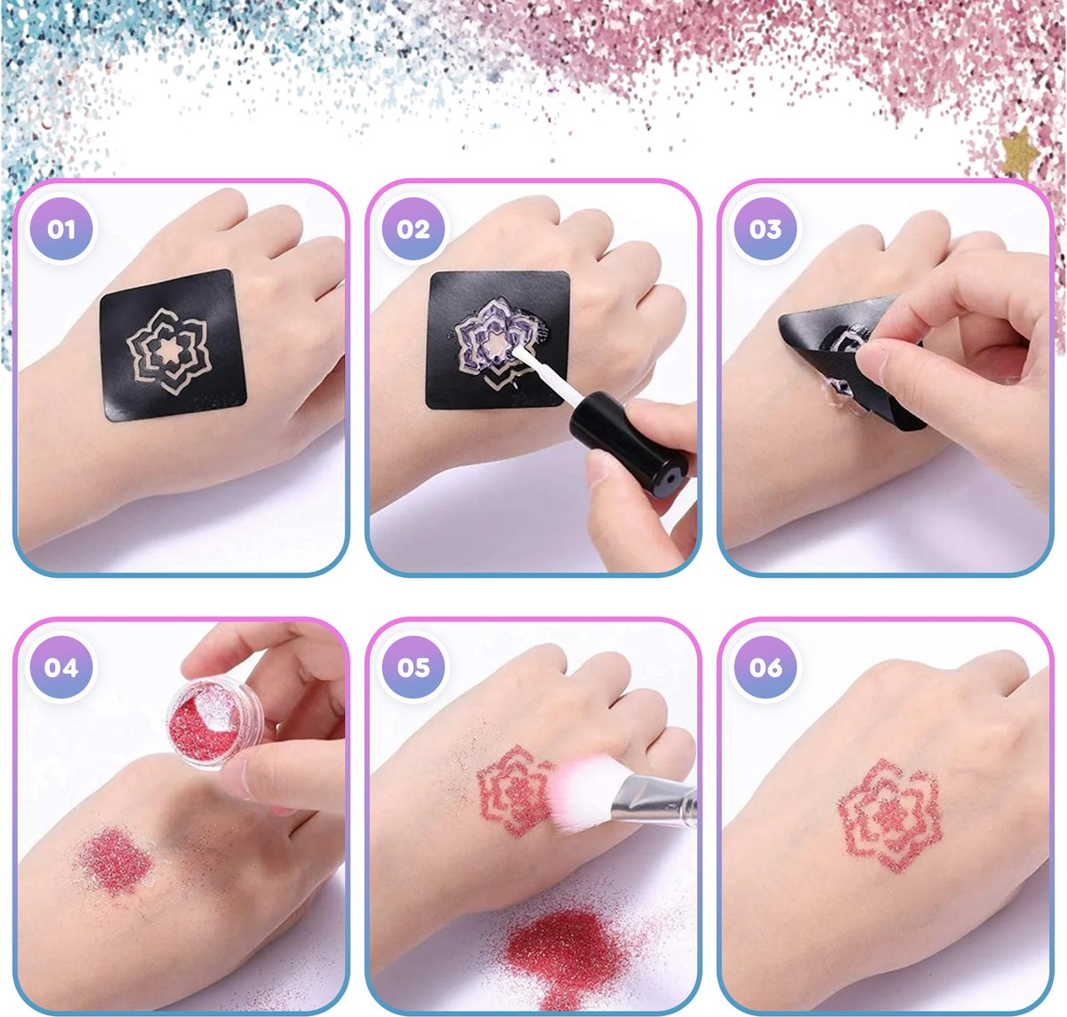 Craftiverse - Glitter Tattoo Set Compleet - 212 Sjablonen - 30 kleuren - Biologisch Afbreekbare Glitters - Schmink Sjablonen - Knutselpakket - Knutselen voor Kinderen - Huidlijm Voor Glitters - Kinderen - Jongens en Meisjes - Inclusief Handleiding — afbeelding 4
