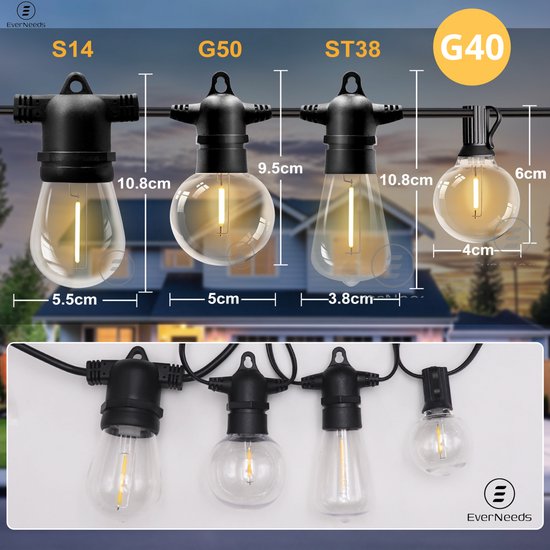 EverNeeds G40 Lichtsnoer Buiten - Prikkabel 7m - 16 LED - IP44 - Dimbaar met Afstandsbediening - Lichtslinger - Sfeerverlichting Buiten en Binnen - Warm Wit 2700K - 3 Extra LEDs