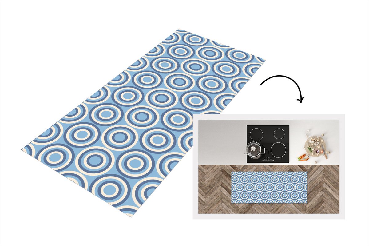 Keukenloper 120x50 cm - Keukenmat vinyl Cirkel - Blauw - Patroon - Keukenmatten loper - Ke