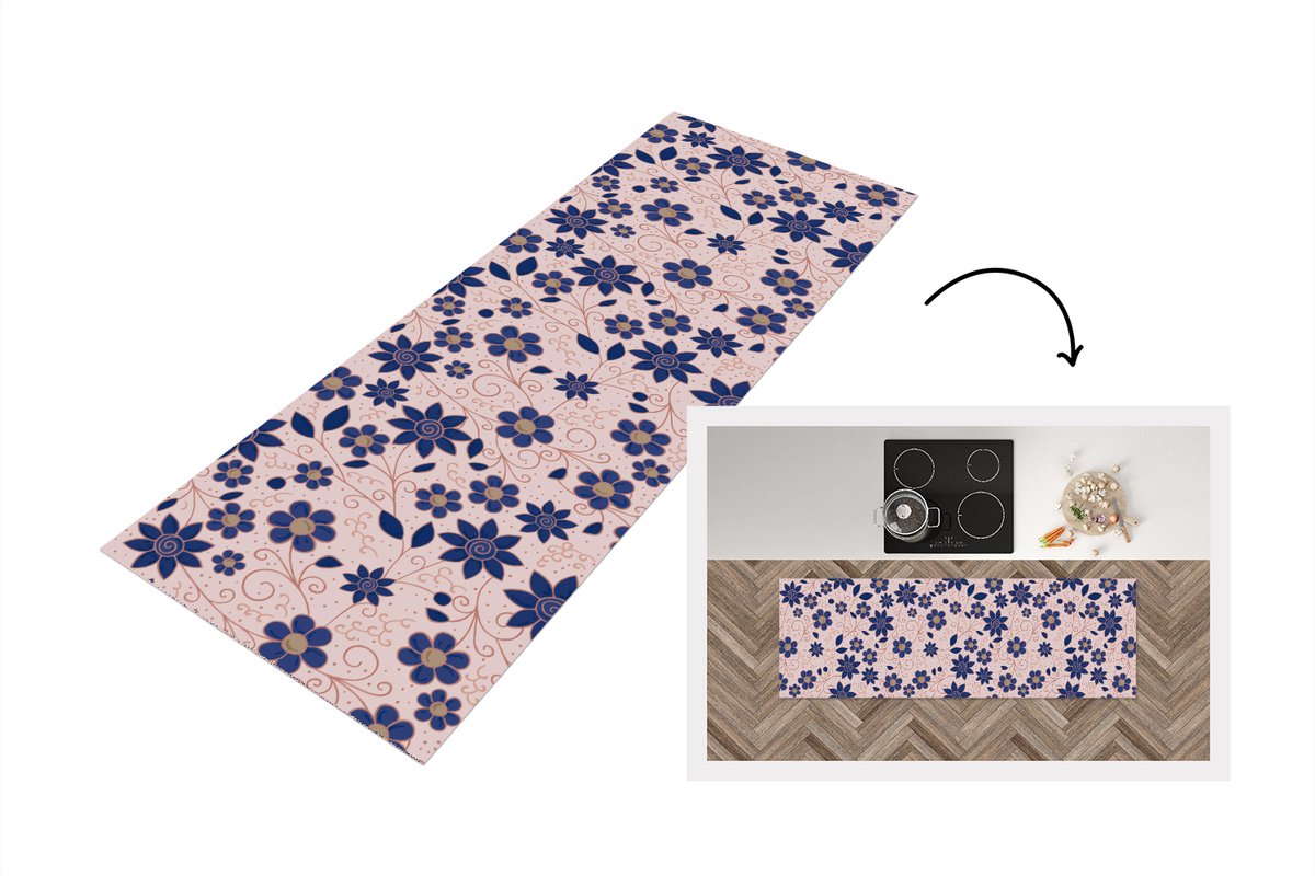 KitchenYeah Keukenloper 150x50 cm - Keukenmat vinyl Bloemen - Blauw - Japan - Patronen - Keukenmatten loper - Keuken vloerkleed tapijt