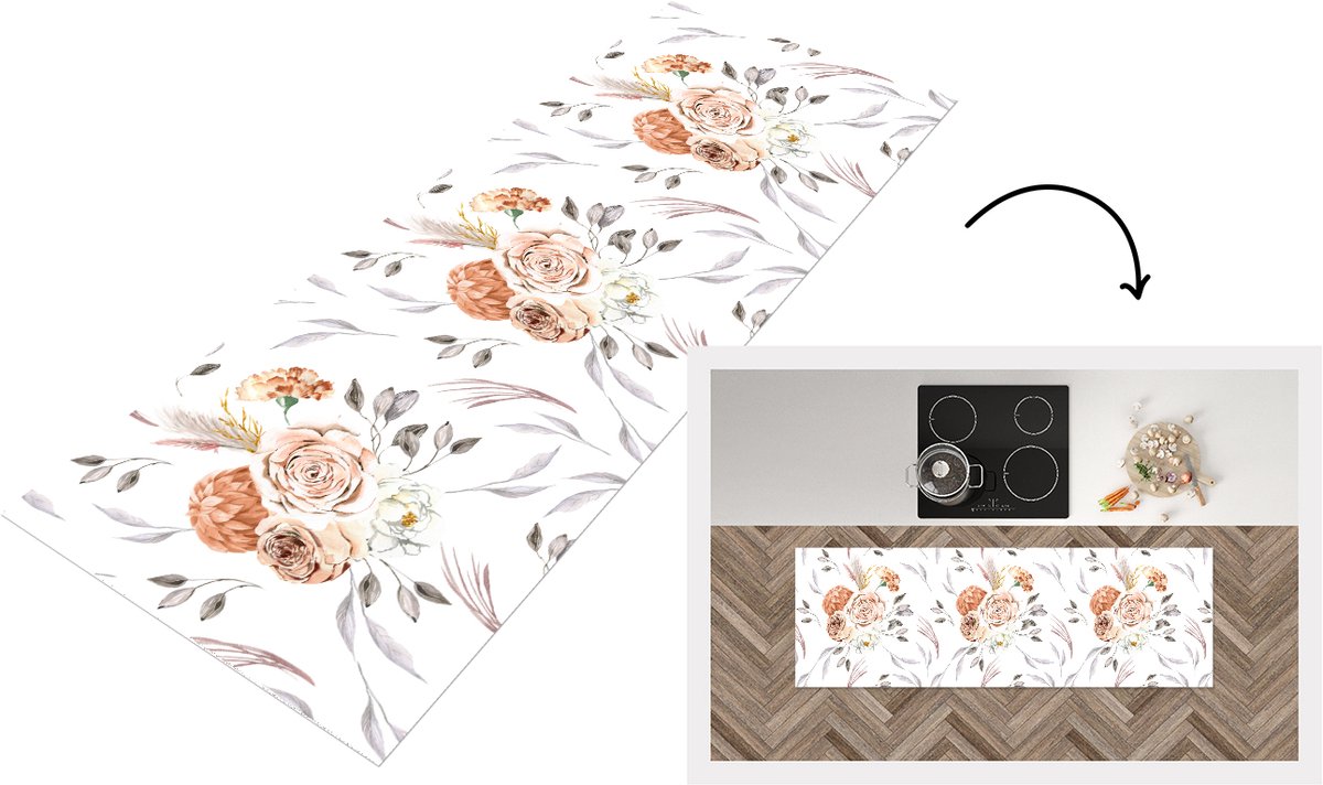 KitchenYeah Keukenloper 150x50 cm - Keukenmat vinyl Patronen - Bloemen - Roos - Wit - Keukenmatten loper - Keuken vloerkleed tapijt Rozen