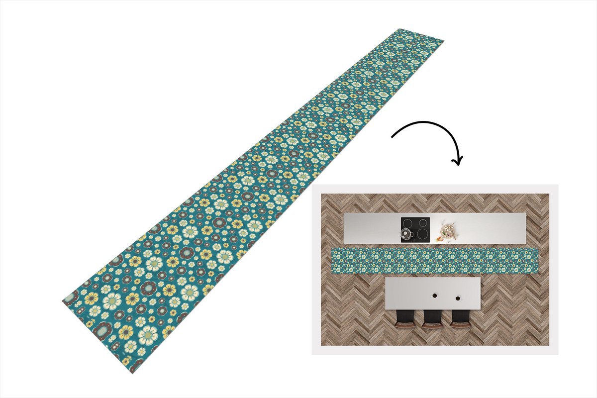 KitchenYeah Keukenloper - Keukenmat vinyl Retro - Bloemen - Patronen - Blauw - Keukenmatten loper - Keuken vloerkleed tapijt, foto 5