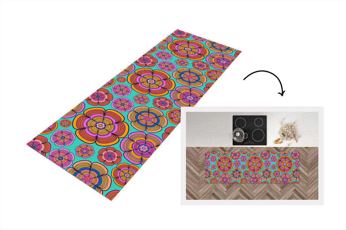 KitchenYeah Keukenloper 180x60 cm - Keukenmat vinyl Design - Flower Power - Kleuren - Keukenmatten loper - Keuken vloerkleed tapijt