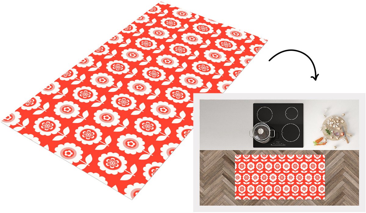 KitchenYeah Keukenloper 120x60 cm - Keukenmat vinyl Bloemen - Patroon - Rood - Keukenmatten loper - Keuken vloerkleed tapijt