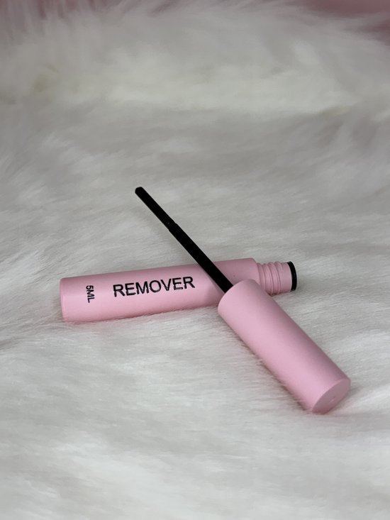 Lichtroze removerfles met deksel open en borsteltje eruit. 'REMOVER' en '5ML' staan op de fles.