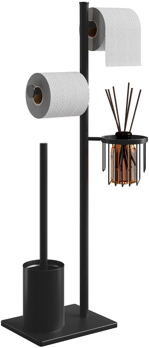 Ibenzoa® Moderne vrijstaande toiletpapierhouder met wc-borstel in elegant zwart en hoekmandje