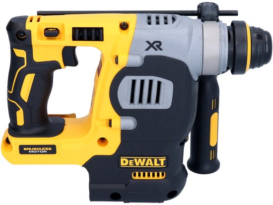 Gele en zwarte DeWalt SDS-plus accuhamer met "BRUSHLESS MOTOR" aanduiding.
