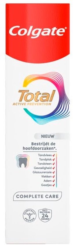 Dentifrice Colgate Total Active Prevention avec un emballage blanc et rouge. Avec le texte 'Nouveau', 'Combat les causes principales', 'Complete Care' et un symbole dentaire.