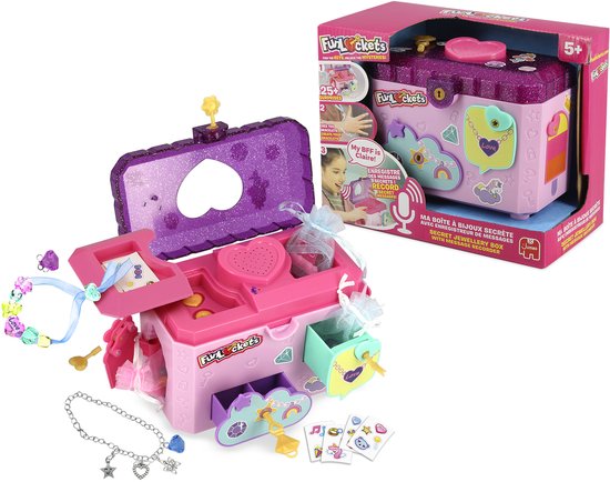 Roze glitter sieradendoos geopend. Sieraden, bedels en sleutels liggen erin. Op de achtergrond staat een doos met "FunLockets".
