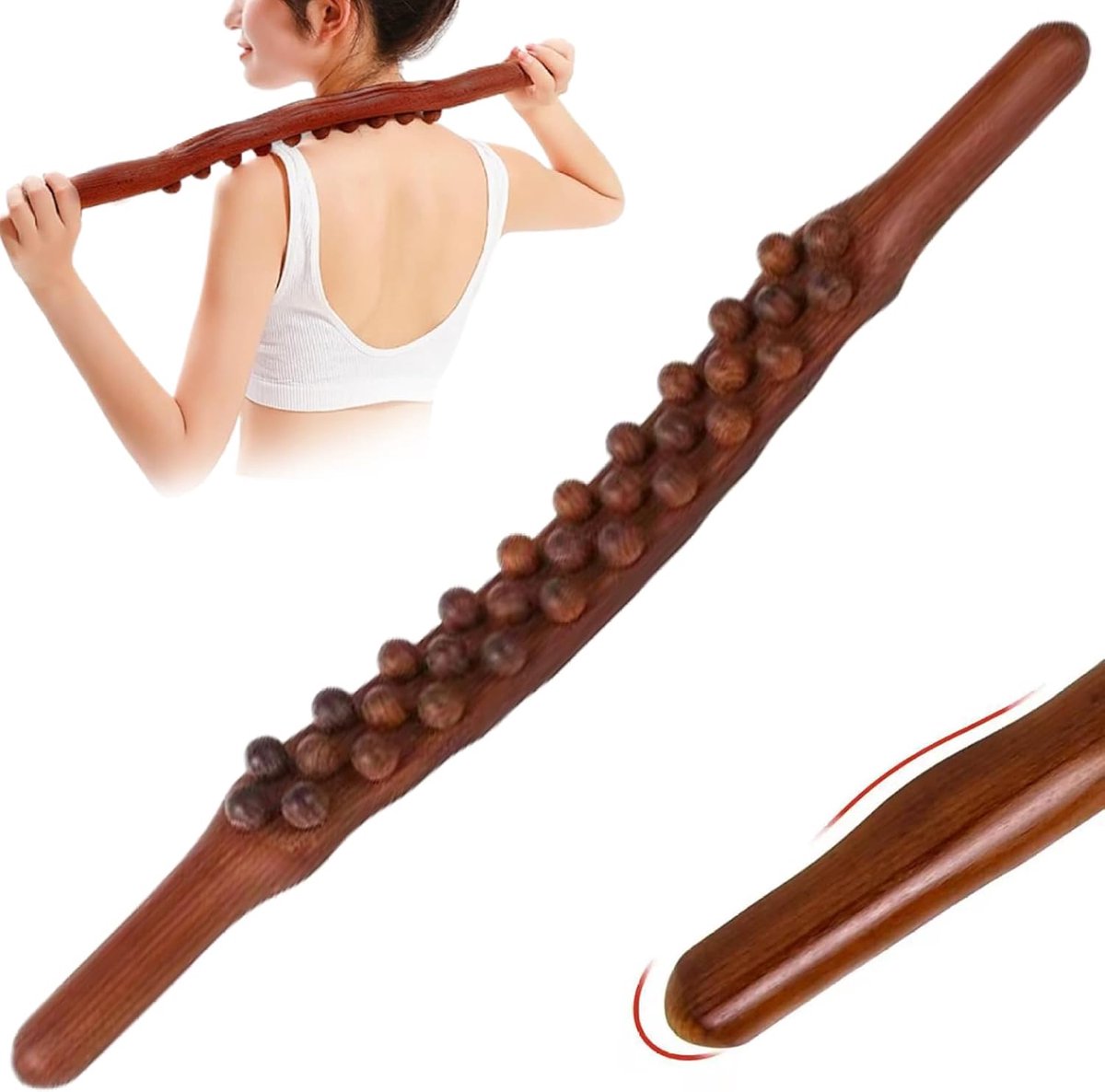 SNQ Houten massage roller met 31 kralen - 58 cm lymfedrainage massagestok - Guasha en spierontspanningsgereedschap - Handgemaakt houten body roller voor rug, benen en nek